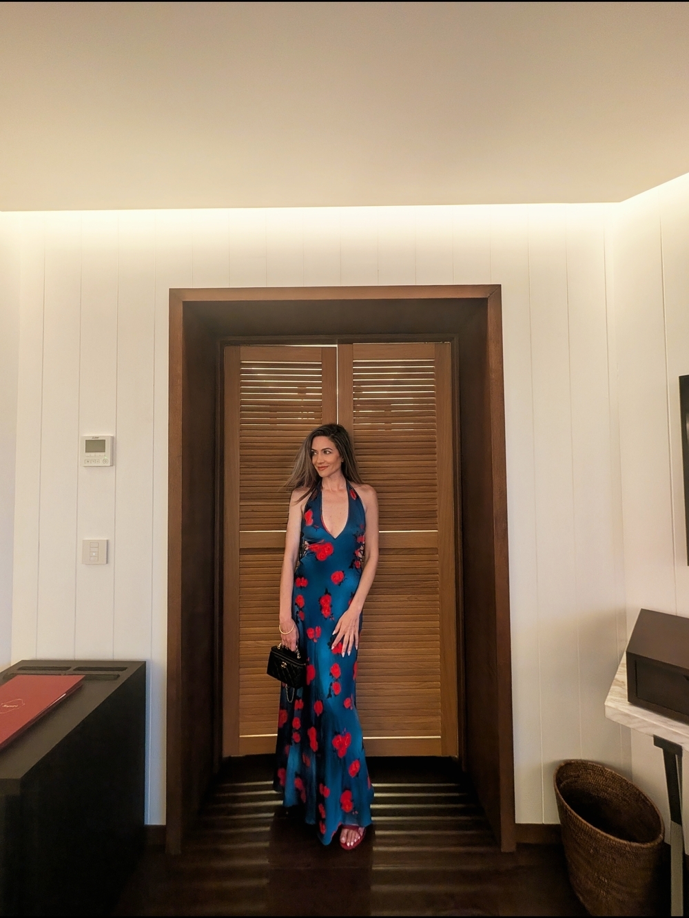 Mirae Rebecca Blue Floral Halter Slip Dress with Red Roses - Picture 4 of 5